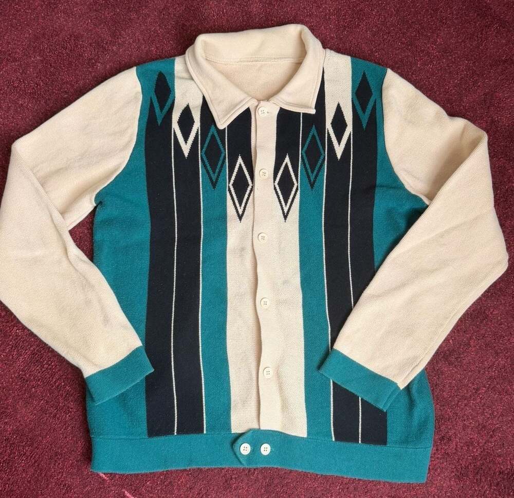 Vintage Style Cotton Knit Diamond Stripe Polo Cardigan Sweater Teal Cream Black